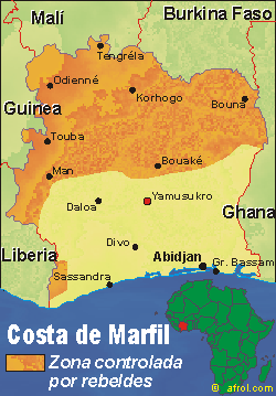 Zonas bajo control rebelde en Costa de Marfil