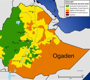 Food security assessment of Ethiopia January-March 2011, with orange areas set as "Highly food insecure"