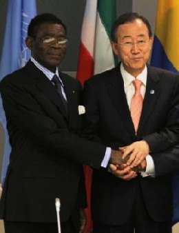 Teodoro Obiang y el secretario general de la ONU, el pasado 25 de febrero